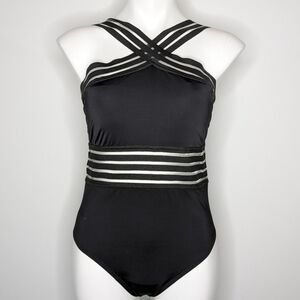 Hilor black semi sheer one piece swimsuit L